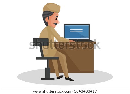 Vector graphic illustration. Postman is sitting on chair and working on laptop. Individually on white background.