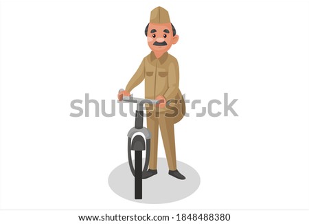 Vector graphic illustration. Postman is standing with cycle. Individually on white background.