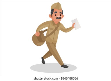 Vector graphic illustration. Postman is wearing a bag and holding envelope and going for the delivery. Individually on white background.