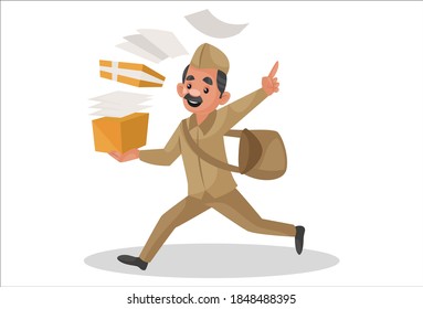 Ilustración gráfica vectorial. Postman está usando una bolsa en el hombro y corriendo para el parto con buzón. Individualmente sobre fondo blanco.