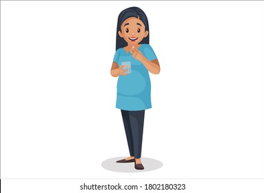 Vector graphic illustration. Pregnant woman is taking medicine. Individually on a white background.