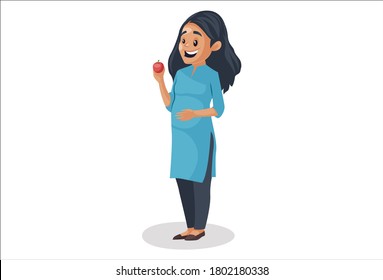 Vector graphic illustration. Pregnant woman is eating an apple. Individually on a white background.	