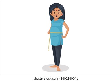 Vector graphic illustration. Pregnant woman is measuring his stomach. Individually on a white background.