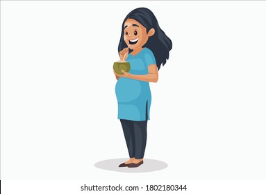 Vector graphic illustration. Pregnant woman is drinking coconut water. Individually on a white background.