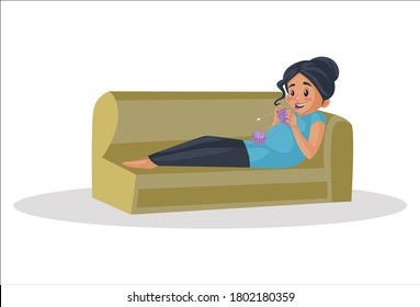 Vector graphic illustration. Pregnant woman laying down on the sofa and making a sweater with hands. Individually on a white background.