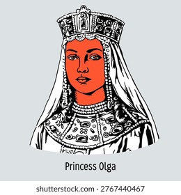 Vector graphic illustration of Princess Olga, the powerful regent and Christian saint. Modern stylized portrait capturing the strength and wisdom of the medieval Slavic queen