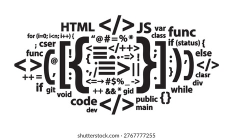 Vector graphic illustration of programming symbols and words forming a bracket design with coding terms and syntax.