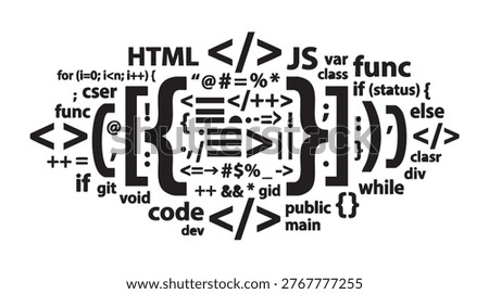 Vector graphic illustration of programming symbols and words forming a bracket design with coding terms and syntax.