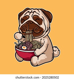 Vector graphic Illustration of pug dog cartoon eat ramen noodle with vintage retro japanese in isolated background. Good for logo, mascot, badge, emblem, banner, poster, flyer, social media, shirt