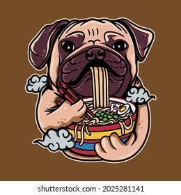 Vektorgrafik Illustration von Pug-Hund-Cartoon fressen Ramen Nudeln mit Vintage Retro-Japanisch auf isoliertem Hintergrund. Gut für Logo, Maskottchen, Badge, Emblem, Banner, Poster, Flyer, soziale Medien, Hemd