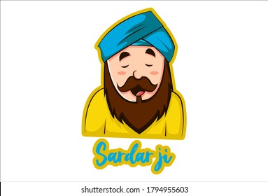 Vector graphic illustration of a Punjabi bearded man. Lettering text - Sardar Ji. Individually on a white background.