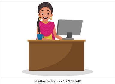 Vector Graphic Illustration. Punjabi Girl Is Working On The Computer. Individually On White Background.