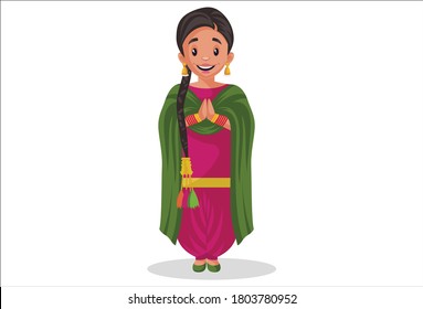 Vector graphic illustration. Punjabi girl is with greet hands. Individually on white background.