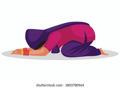 Vector graphic illustration. Punjabi girl is taking the blessing of God. Individually on white background.