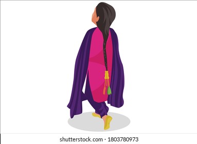 Vector graphic illustration. Punjabi girl is giving back side pose. Individually on white background.