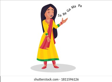 Vector graphic illustration. Punjabi girl is rehearsing a song. Individually on white background.