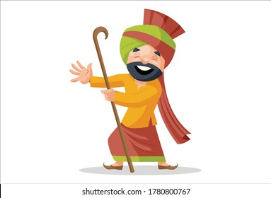 Vector graphic illustration. Punjabi man is dancing and holding stick in hand. Individually on a white background.
