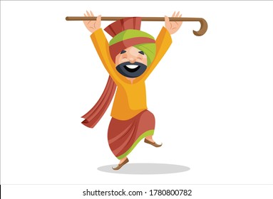 Vector graphic illustration. Punjabi man is doing bhangra dance. Individually on a white background.