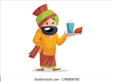 Vector graphic illustration. Punjabi man is holding a plate of food in his hand. Individually on a white background.