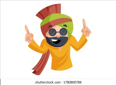 Vector graphic illustration. Punjabi man is dancing and wearing glasses. Individually on a white background.