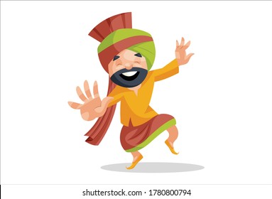 Vector graphic illustration of Punjabi man dancing. Individually on a white background.