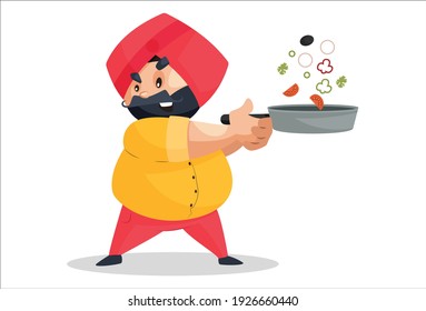 Vector graphic illustration. Punjabi man is holding fry pan in hand. Individually on a white background.