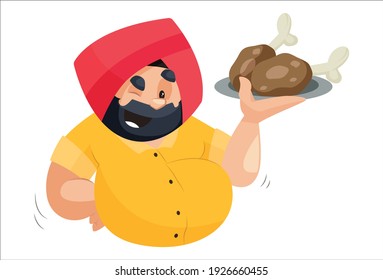 Vector graphic illustration. Punjabi man is holding chicken leg piece plate on hand. Individually on a white background.