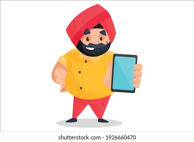 Vector graphic illustration. Punjabi man is showing mobile phone. Individually on a white background.