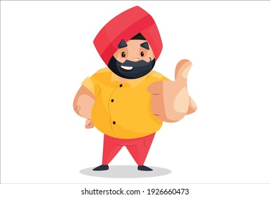 Vector graphic illustration. Punjabi man is showing thumbs up sign. Individually on a white background.