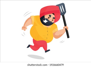 Vector graphic illustration. Punjabi man is running and holding a spatula in hand. Individually on a white background.