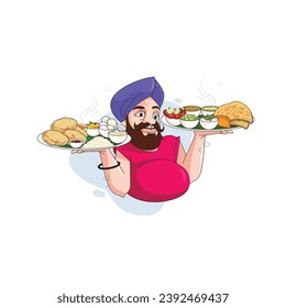 Vector graphic illustration. Punjabi Restaurants. Punjabi man is holding food plate on hand. Individually on a white background.