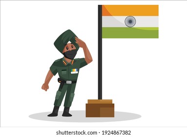 Ilustración gráfica vectorial. El soldado panyabí está rindiendo homenaje a la bandera india. Individualmente sobre un fondo blanco.