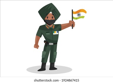 Ilustración gráfica vectorial. Soldado panyabí sostiene una bandera india en la mano. Individualmente sobre un fondo blanco.