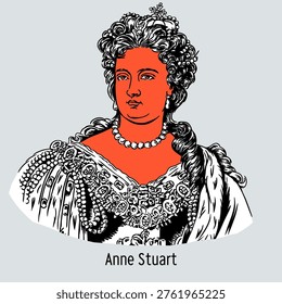 Vector graphic illustration of Queen Anne, famous for the Act of Union and her reign during the War of the Spanish Succession. Modern circular design featuring royal crown and regalia