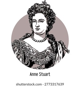 Vector graphic illustration of Queen Anne, famous for the Act of Union and her reign during the War of the Spanish Succession. Modern circular design featuring royal crown and regalia
