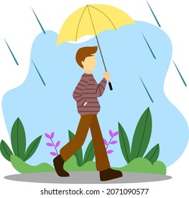 vector graphic illustration, raining day, walking in the rain, man with umbrella