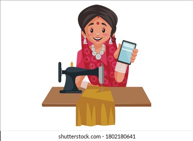 Vector graphic illustration. Rajasthani woman is showing mobile and sitting with a tailor machine. Individually on white background.