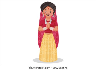 Vector graphic illustration. Rajasthani woman is standing with a greet hands. Individually on white background.