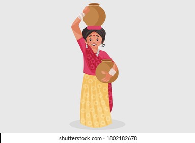 Vector graphic illustration. Rajasthani woman with clay water pots. Individually on a grey background.