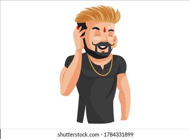 Ilustración gráfica vectorial. Rajput habla por teléfono. Individualmente sobre un fondo blanco.	