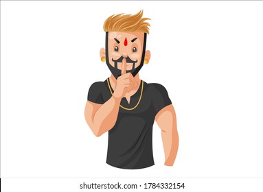 Vector graphic illustration. Rajput boy with silence sign. Individually on a white background.	