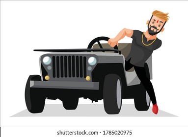 Vector graphic illustration. Rajput boy standing with the jeep. Individually on a white background.	