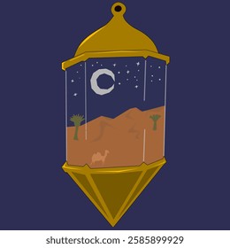 Vector graphic illustration of a Ramadan lantern with a desert scene at night, featuring the moon, palm trees, and camels.