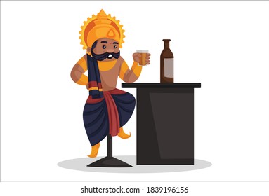 Vector graphic illustration. Ravana is holding a drinking glass in hand and enjoying it. Individually on a white background.