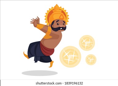 Vector graphic illustration. Ravana is scaring and running from the firecrackers. Individually on a white background.