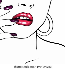 Vector graphic illustration of red lips and manicure for beauty salons.