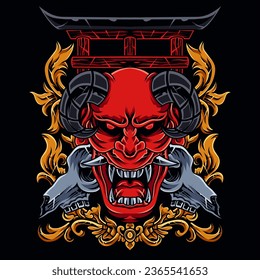 Vector graphic illustration of red oni mask, torii gate, bull skull, and ornaments suitable for t shirt design