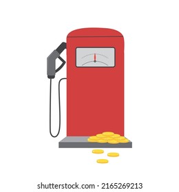 Vector graphic illustration with red petrol station and gold coins on a white background