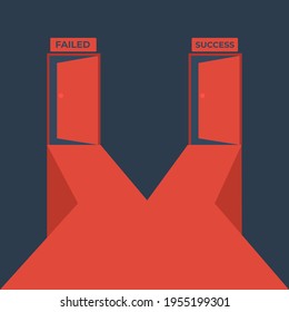 vector graphic illustration, red road cut on failure door and success door on dark background. both for business and educational assets. simple design.