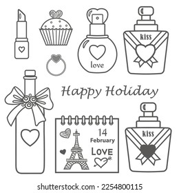 Vector graphic illustration with romantic holiday objects. Bottle of wine, lipstick, calendar, cupcake, ring and perfumes. Good for st. Valentine design
